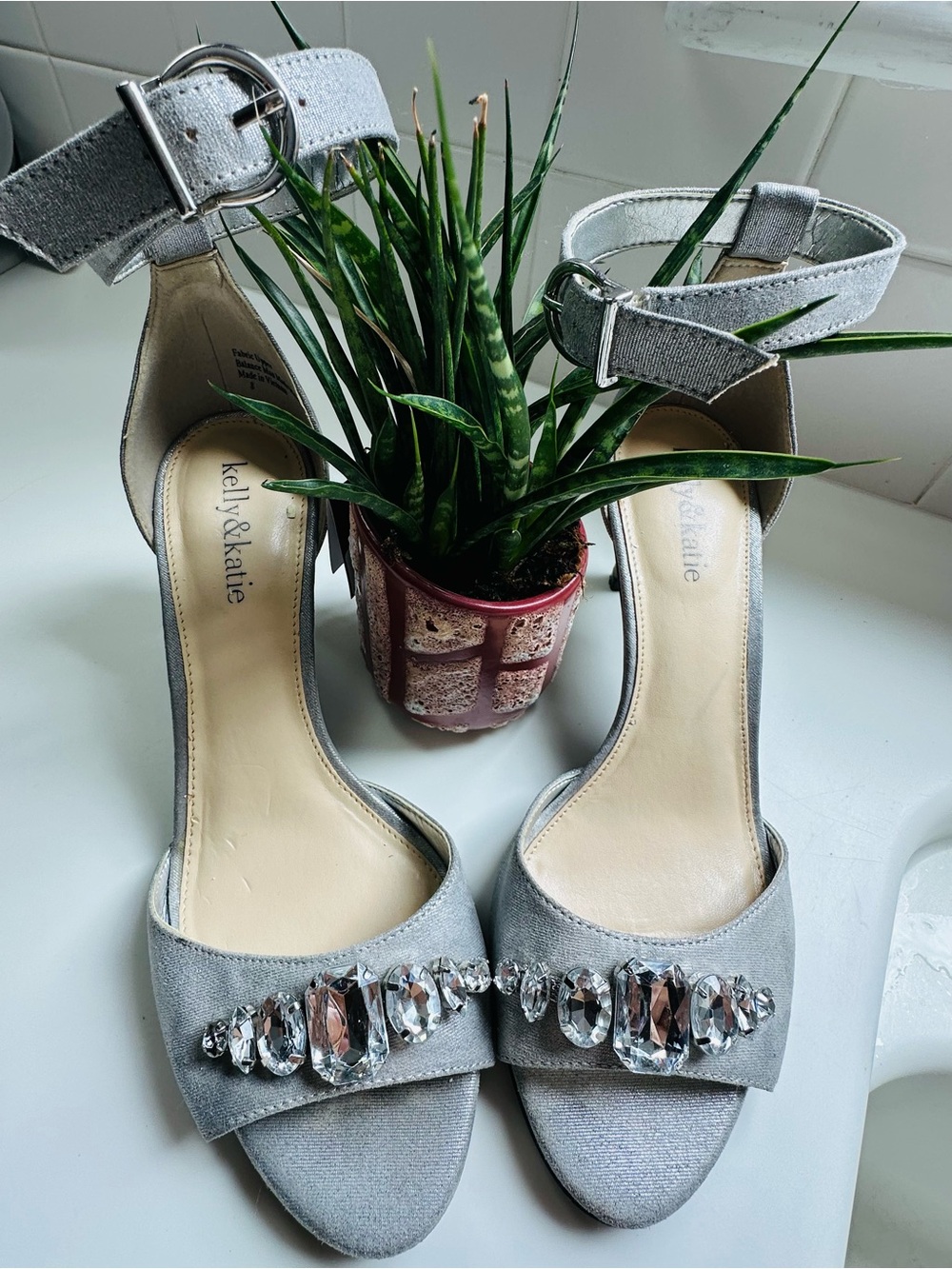 Kelly & Katie Silver Crystal Embellished Ankle Strap Heels